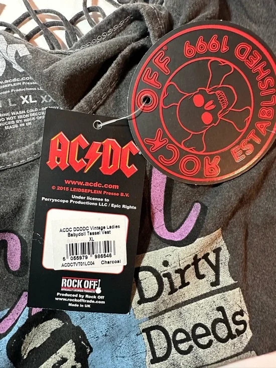 AC/DC XL Black Fringe Tank Top Graphic Vintage Ladies Babydoll Tassel Vest - Picture 5 of 8